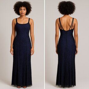 Vintage Sean Collection Silk & Beaded Evening Gown Size M Navy Formal Maxi Dress